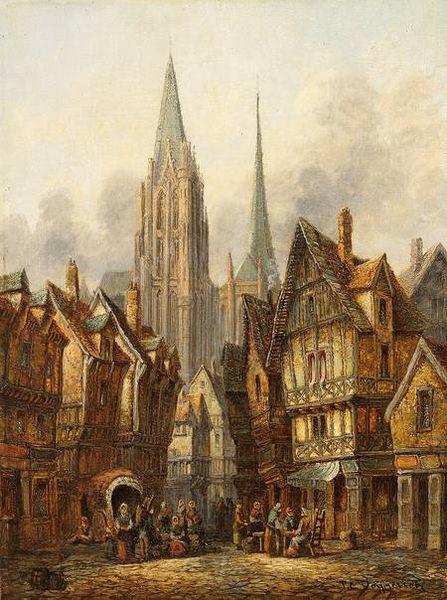 Pieter Cornelis Dommersen Blick auf gotischen Dom in mittelalterlicher Stadt France oil painting art